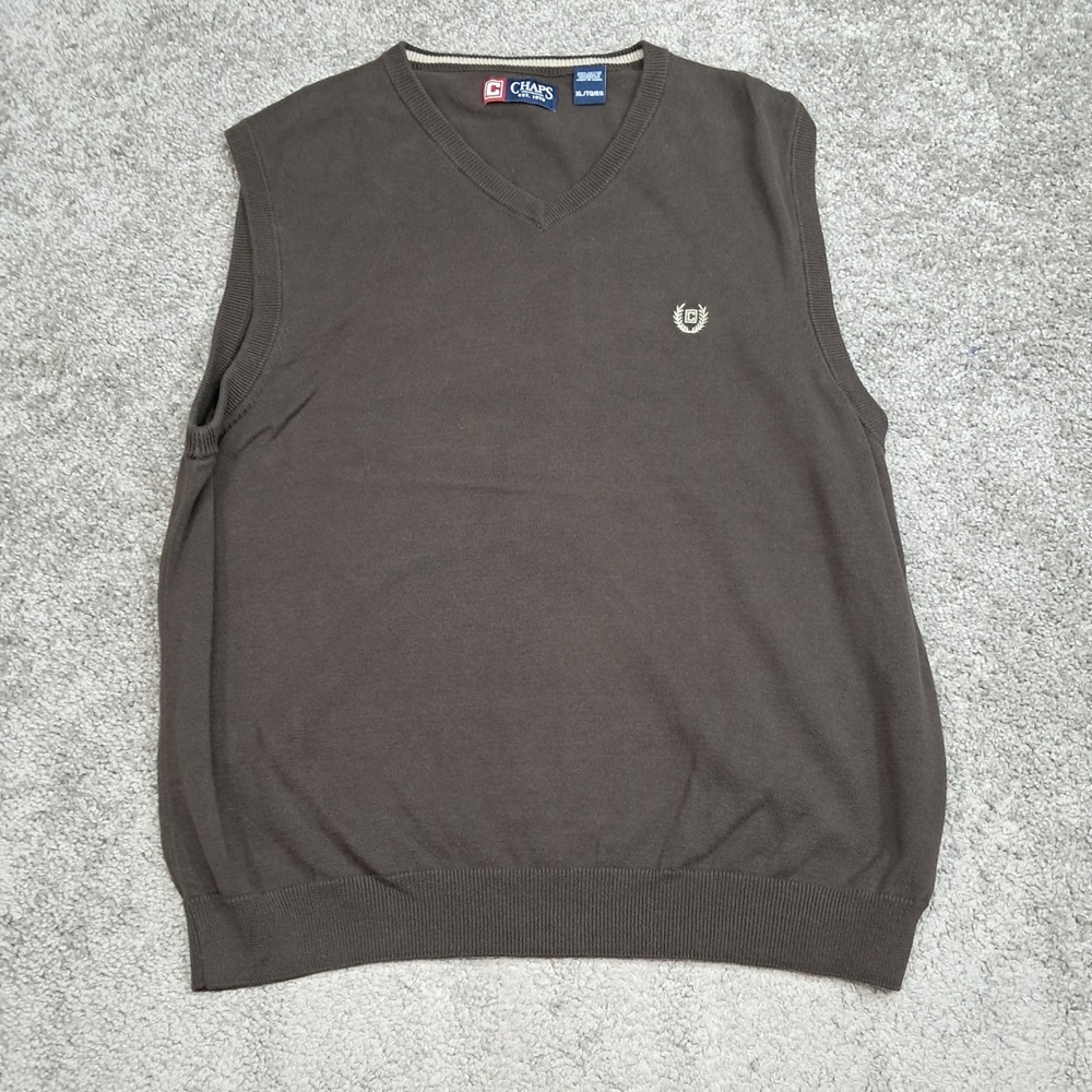 Chaps Mens Brown V-Neck Sweater Vest XL 100% Cotton Solid Knit Pullover 7779